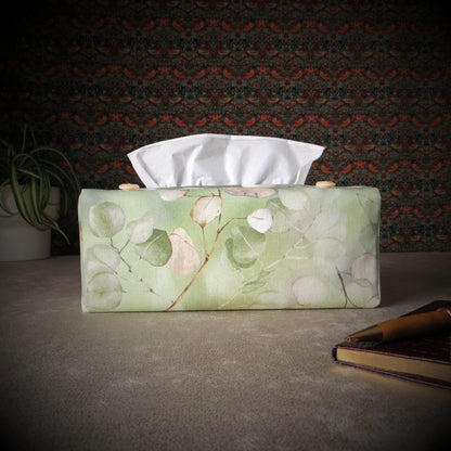 Printed cotton rectangle tissue box cover with lunaria leaf design on green background