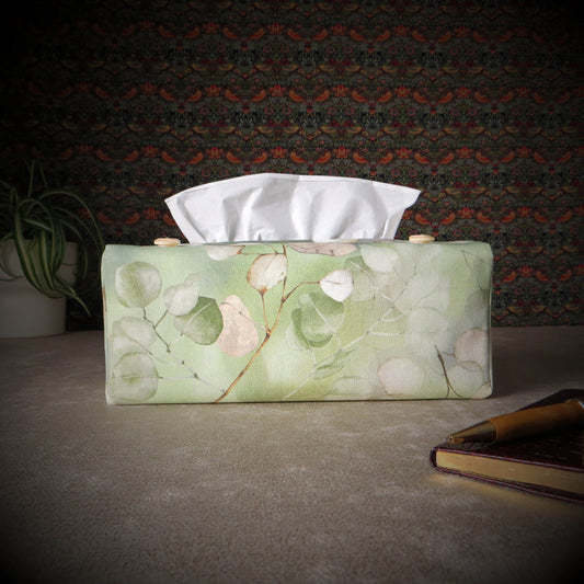 Printed cotton rectangle tissue box cover with lunaria leaf design on green background