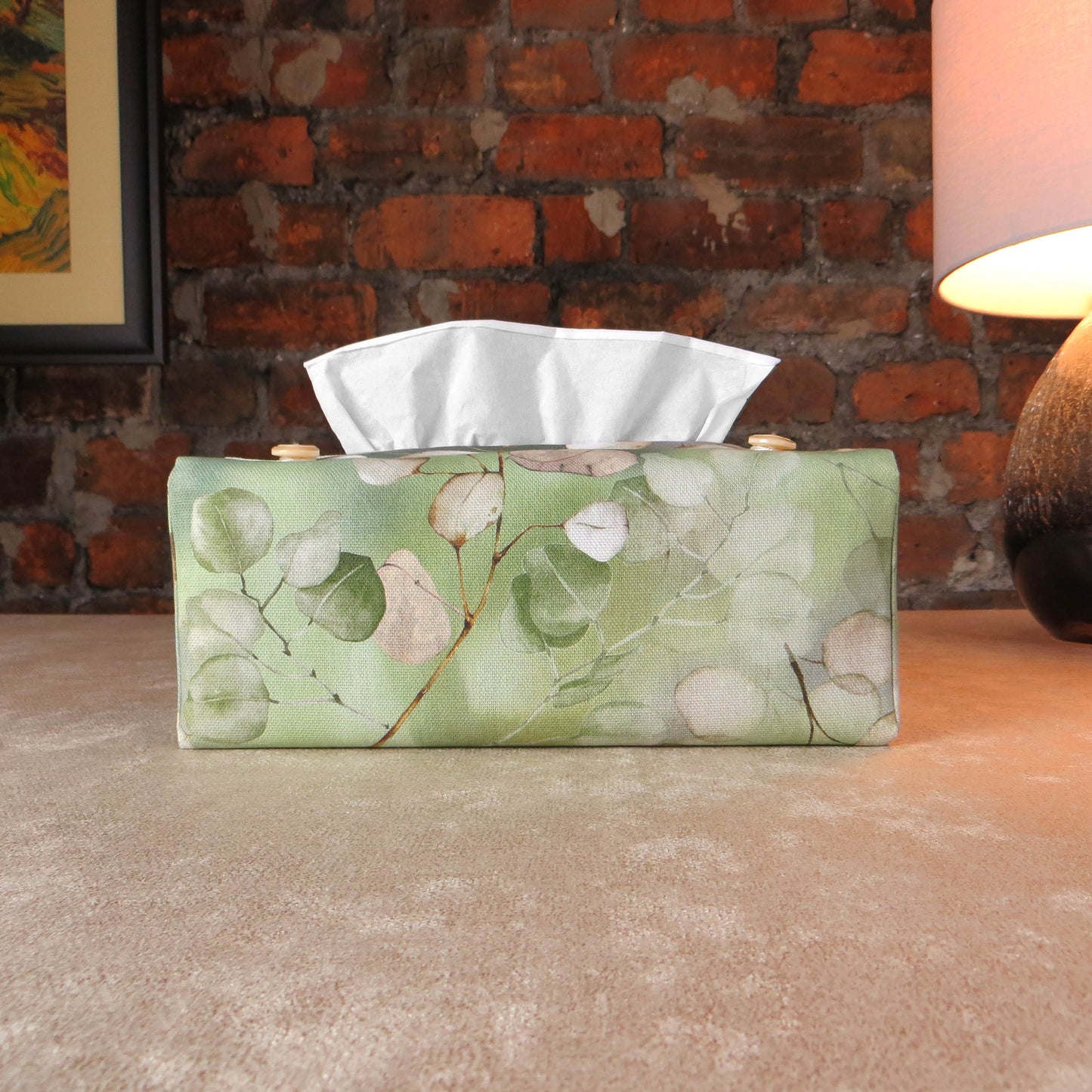 Printed cotton rectangle tissue box cover with lunaria leaf design on green background