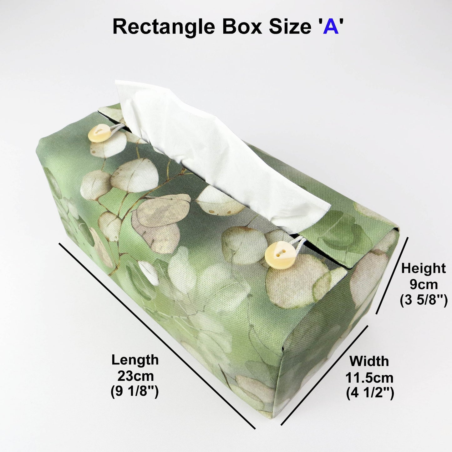 Printed cotton rectangle tissue box cover with lunaria leaf design on green background