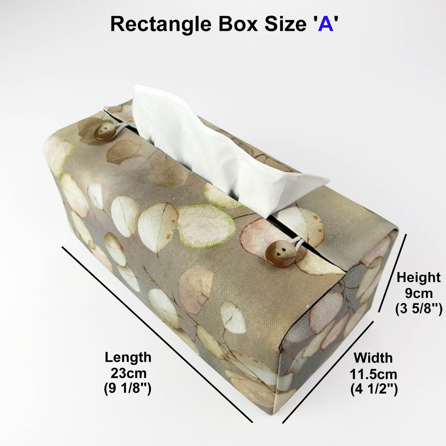 Printed cotton rectangle tissue box cover with lunaria leaf design on brown background