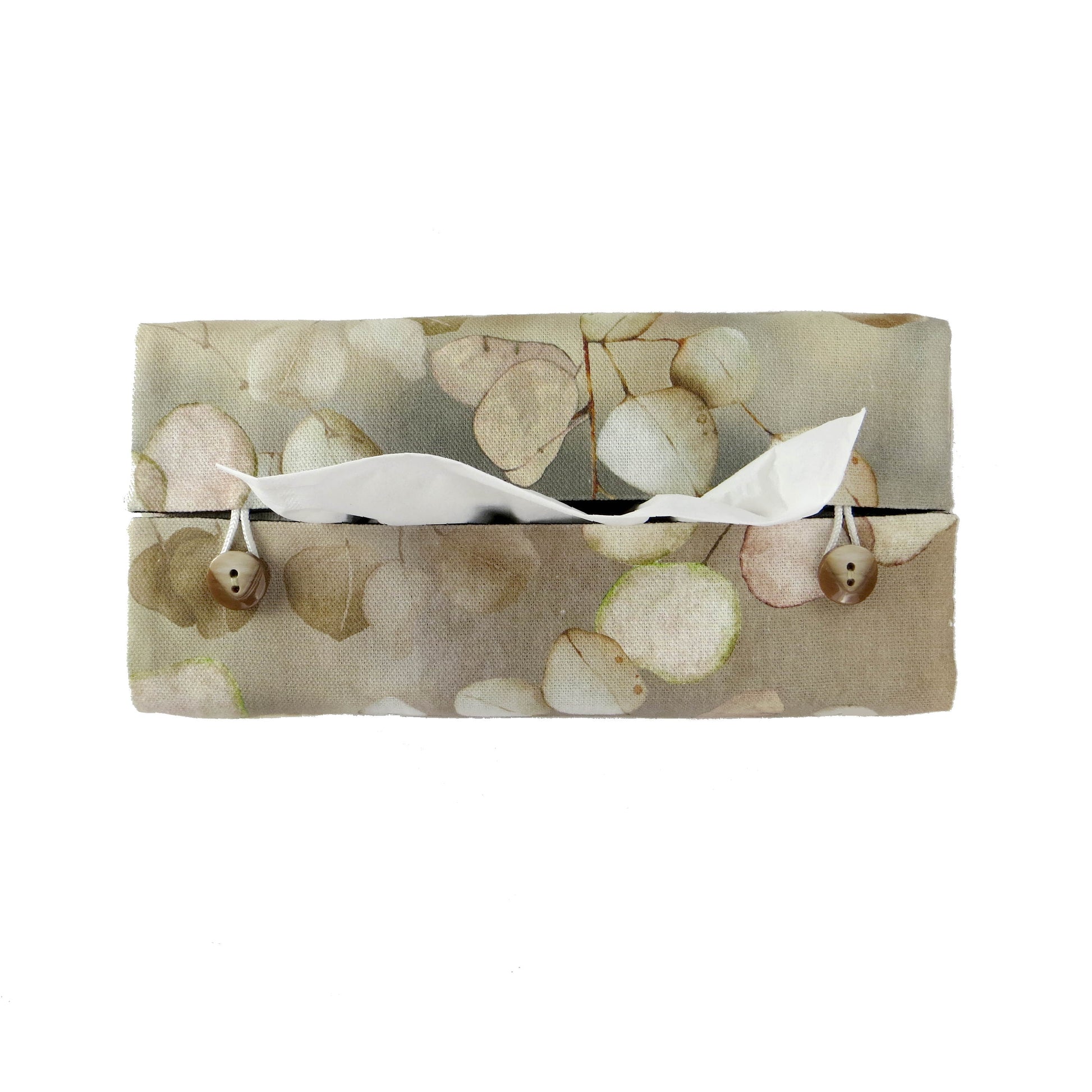 Printed cotton rectangle tissue box cover with lunaria leaf design on brown background