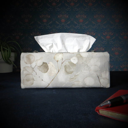 Printed cotton rectangle tissue box cover with lunaria leaf design on grey background