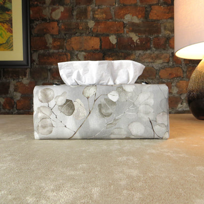 Printed cotton rectangle tissue box cover with lunaria leaf design on grey background