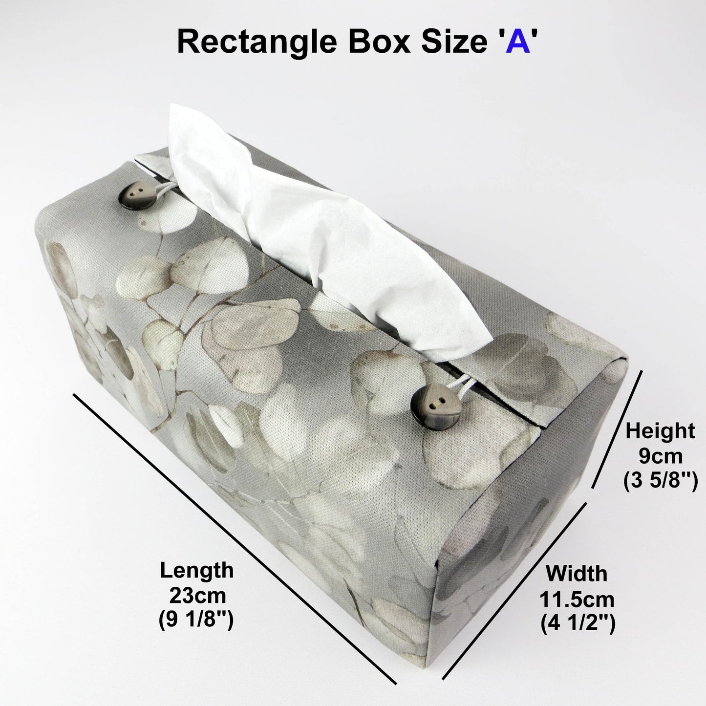 Printed cotton rectangle tissue box cover with lunaria leaf design on grey background