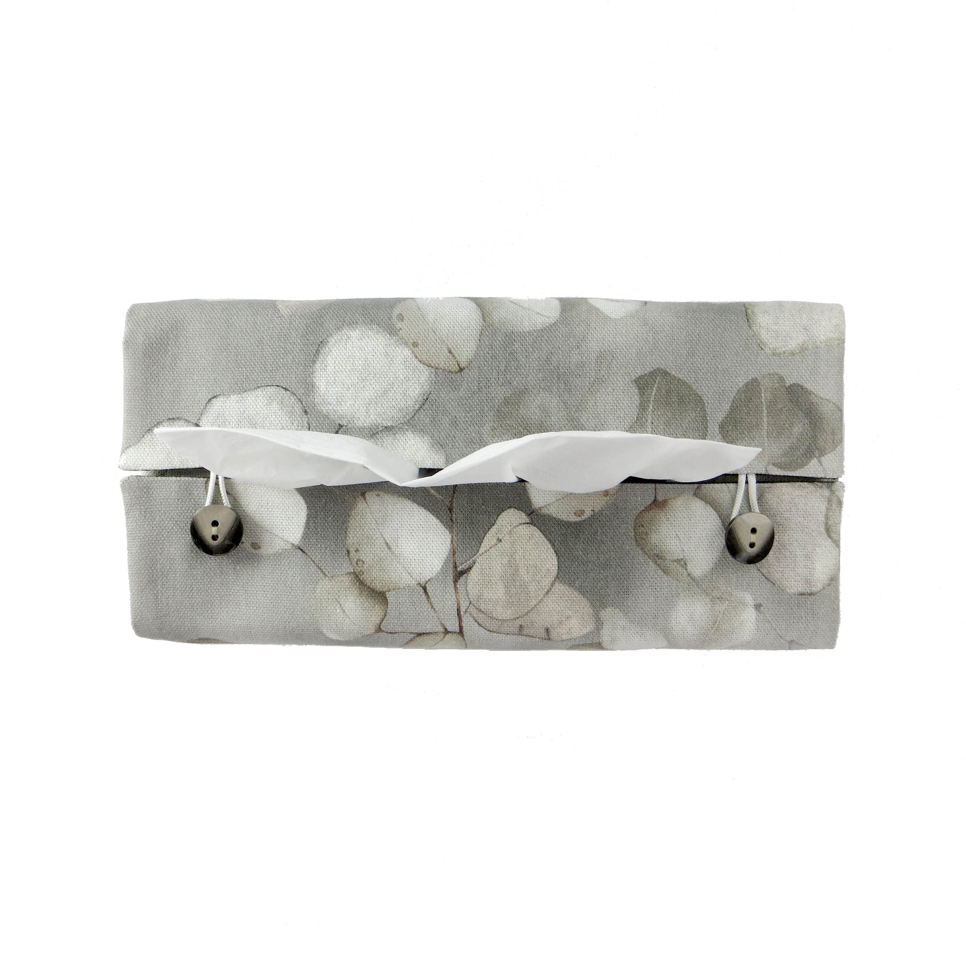 Printed cotton rectangle tissue box cover with lunaria leaf design on grey background