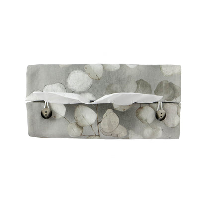 Printed cotton rectangle tissue box cover with lunaria leaf design on grey background