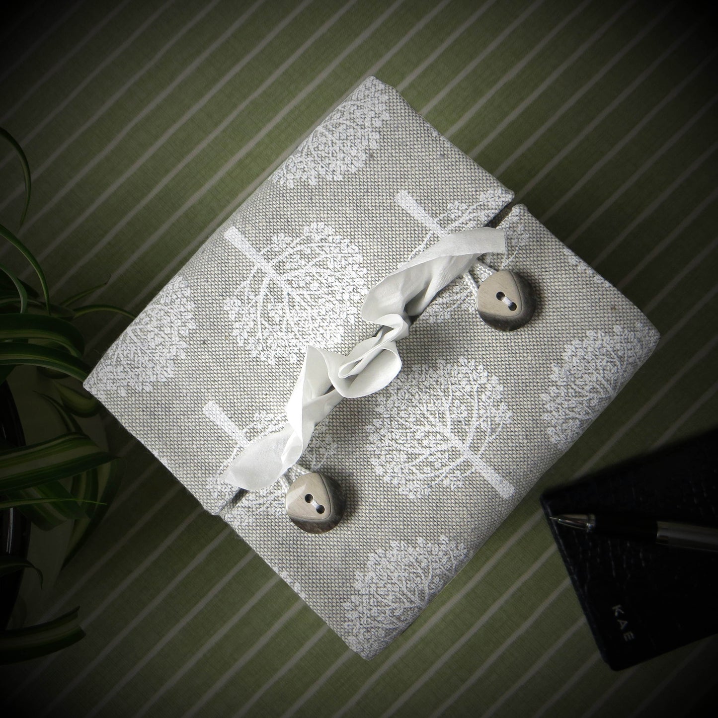 Printed cotton square tissue box cover with white mulberry tree design on taupe background