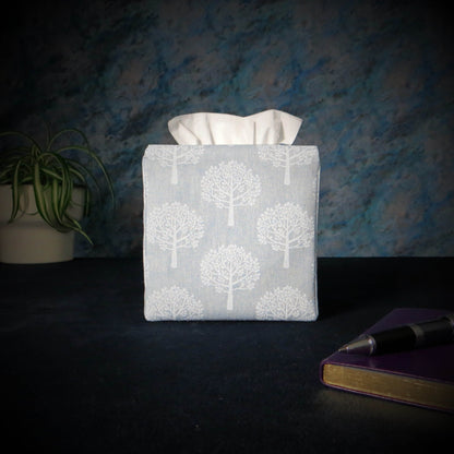 Printed cotton square tissue box cover with white mulberry tree design on light blue background