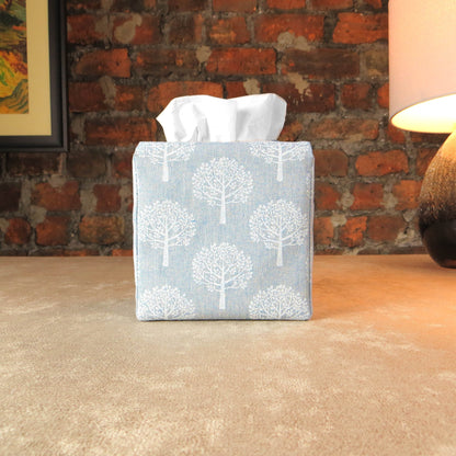 Printed cotton square tissue box cover with white mulberry tree design on light blue background