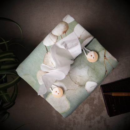 Printed cotton square tissue box with lunaria leaf design on green background