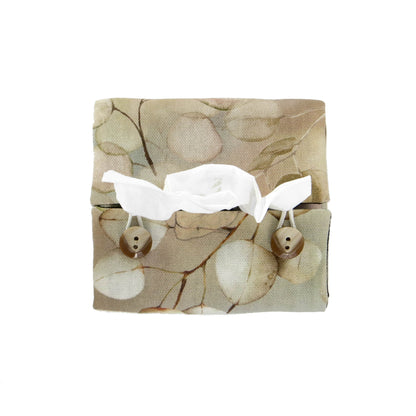 Printed cotton square tissue box with lunaria leaf design on brown background