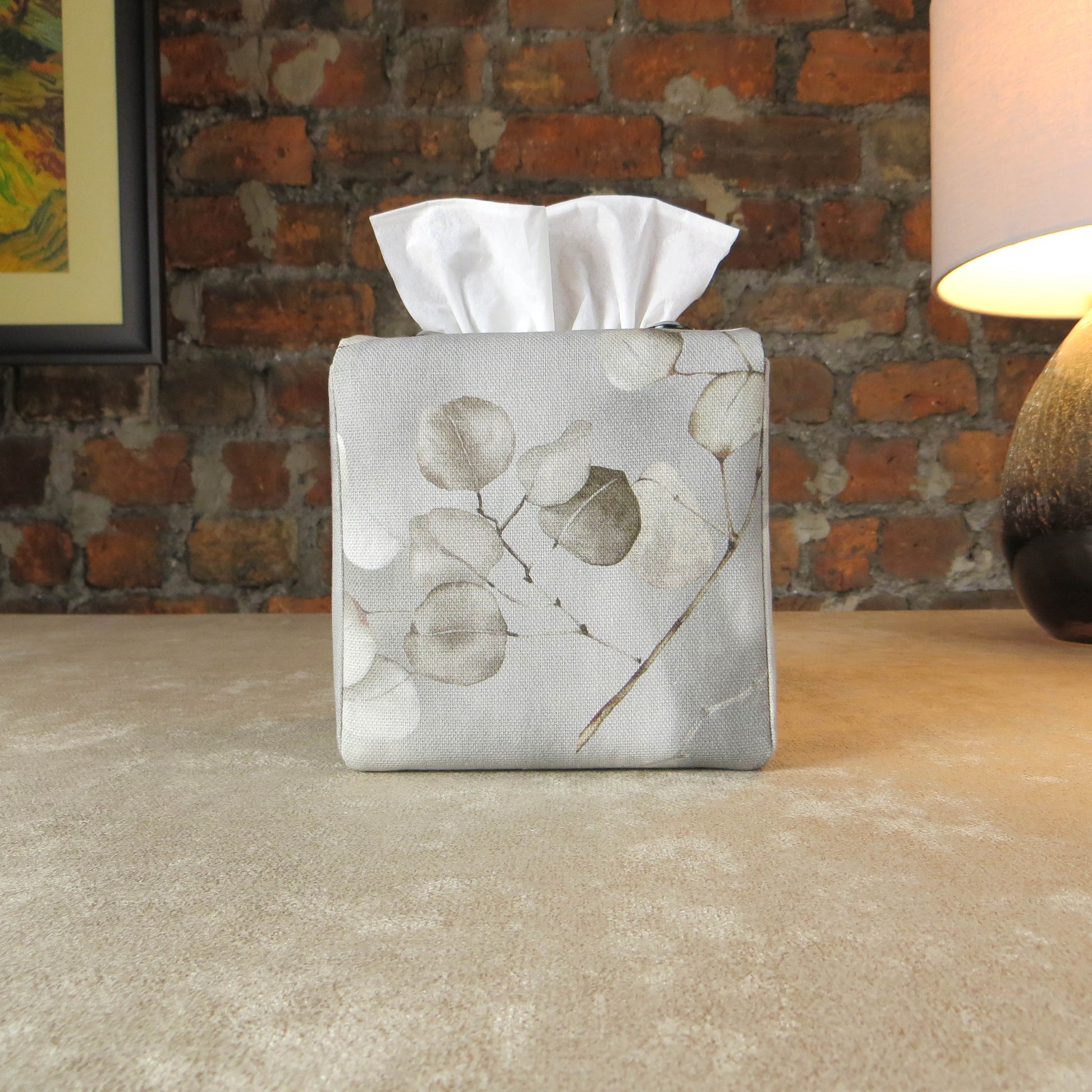 Printed cotton square tissue box with lunaria leaf design on grey background