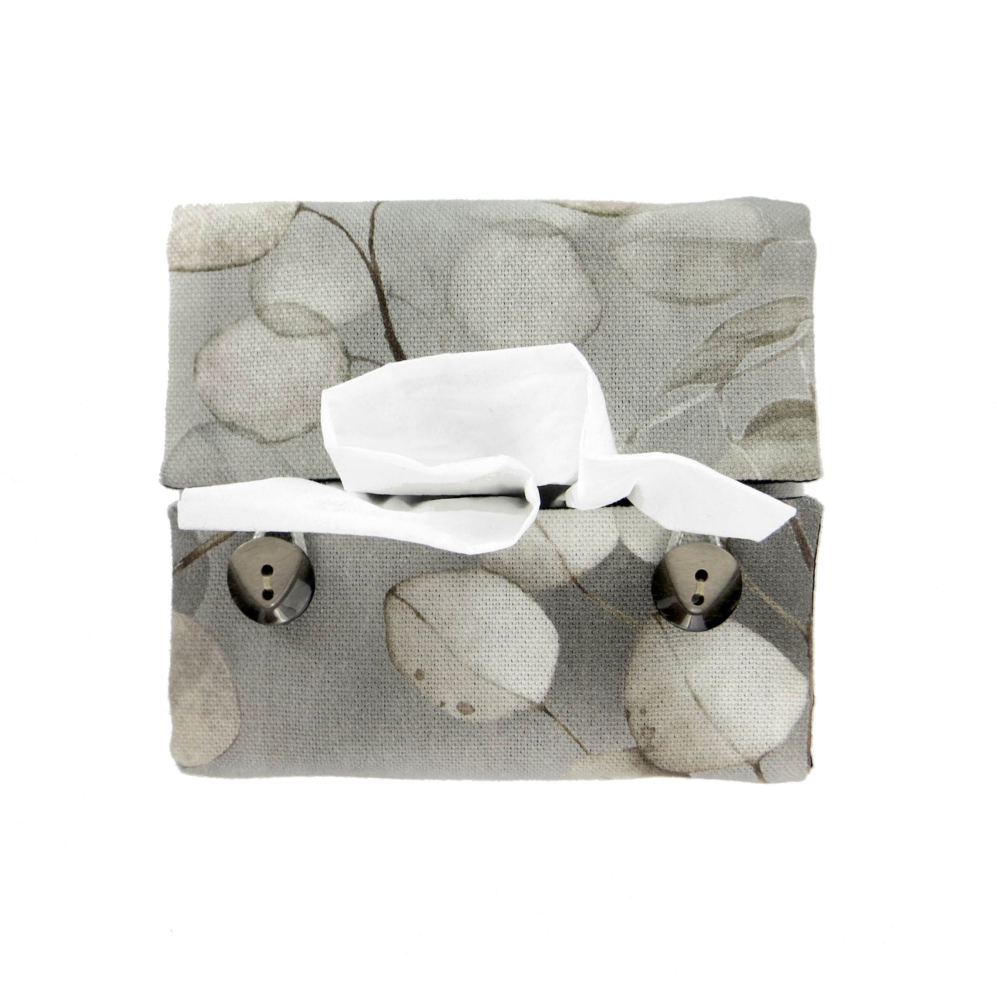 Printed cotton square tissue box with lunaria leaf design on grey background