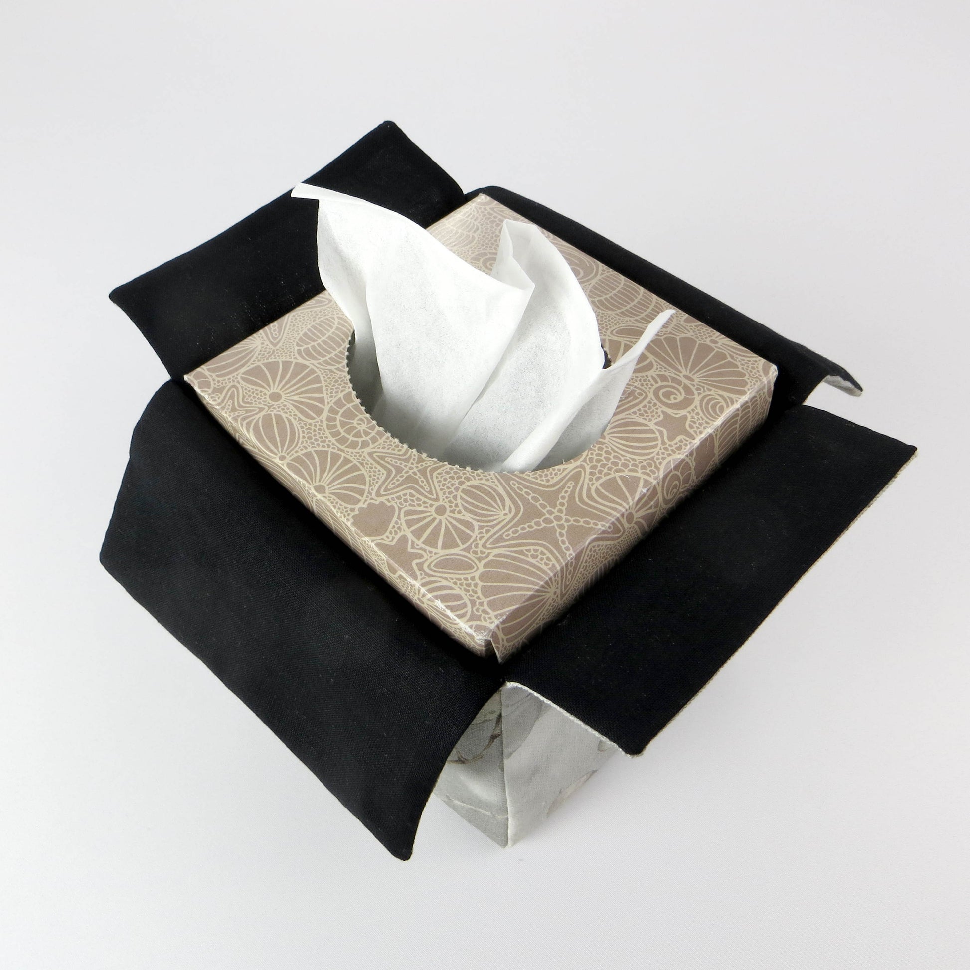 Printed cotton square tissue box with lunaria leaf design on grey background