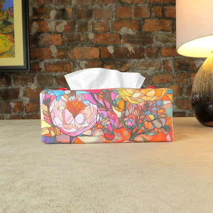 Rectangular tissue box cover with floral garden stained glass design on red toned background