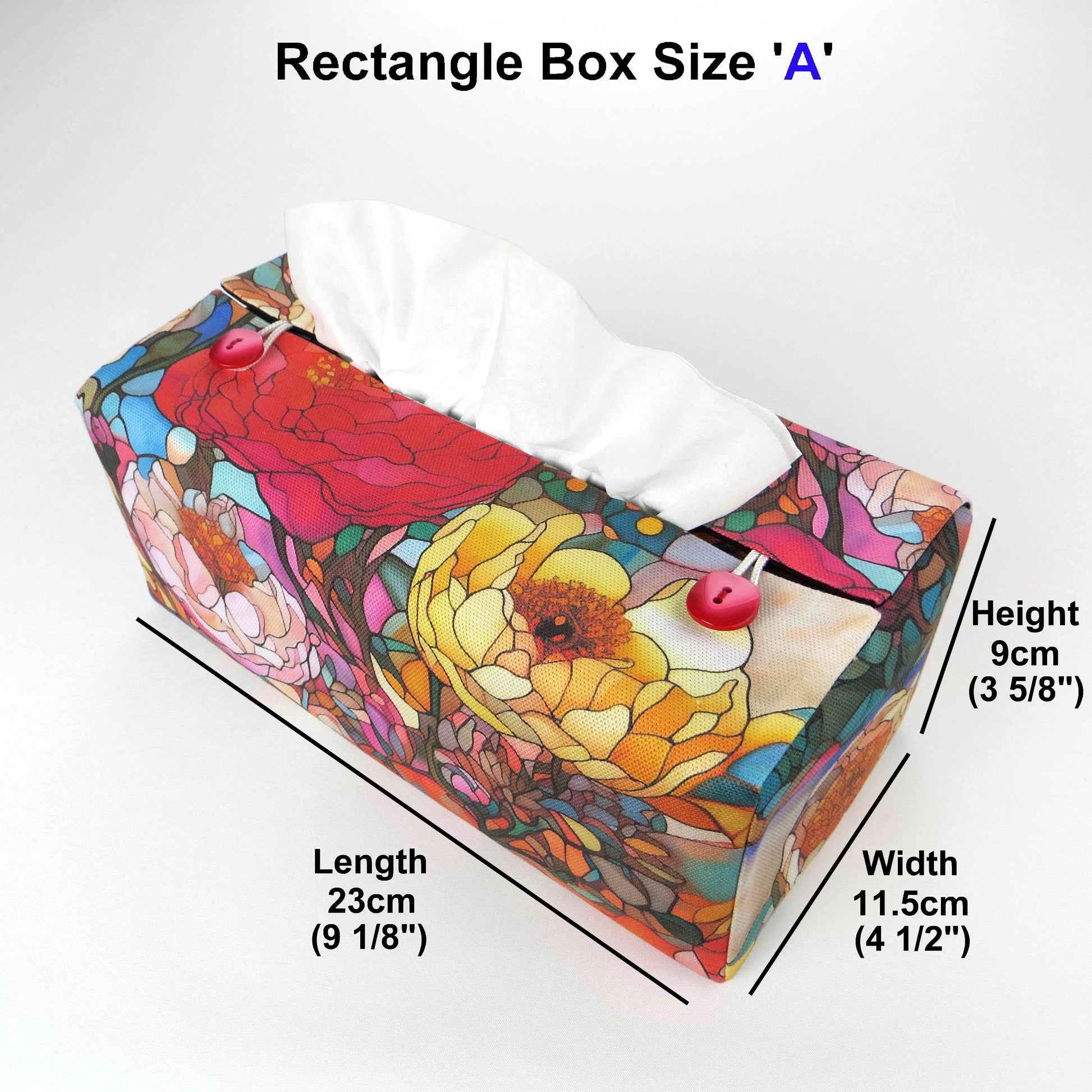 Rectangular tissue box cover with floral garden stained glass design on red toned background