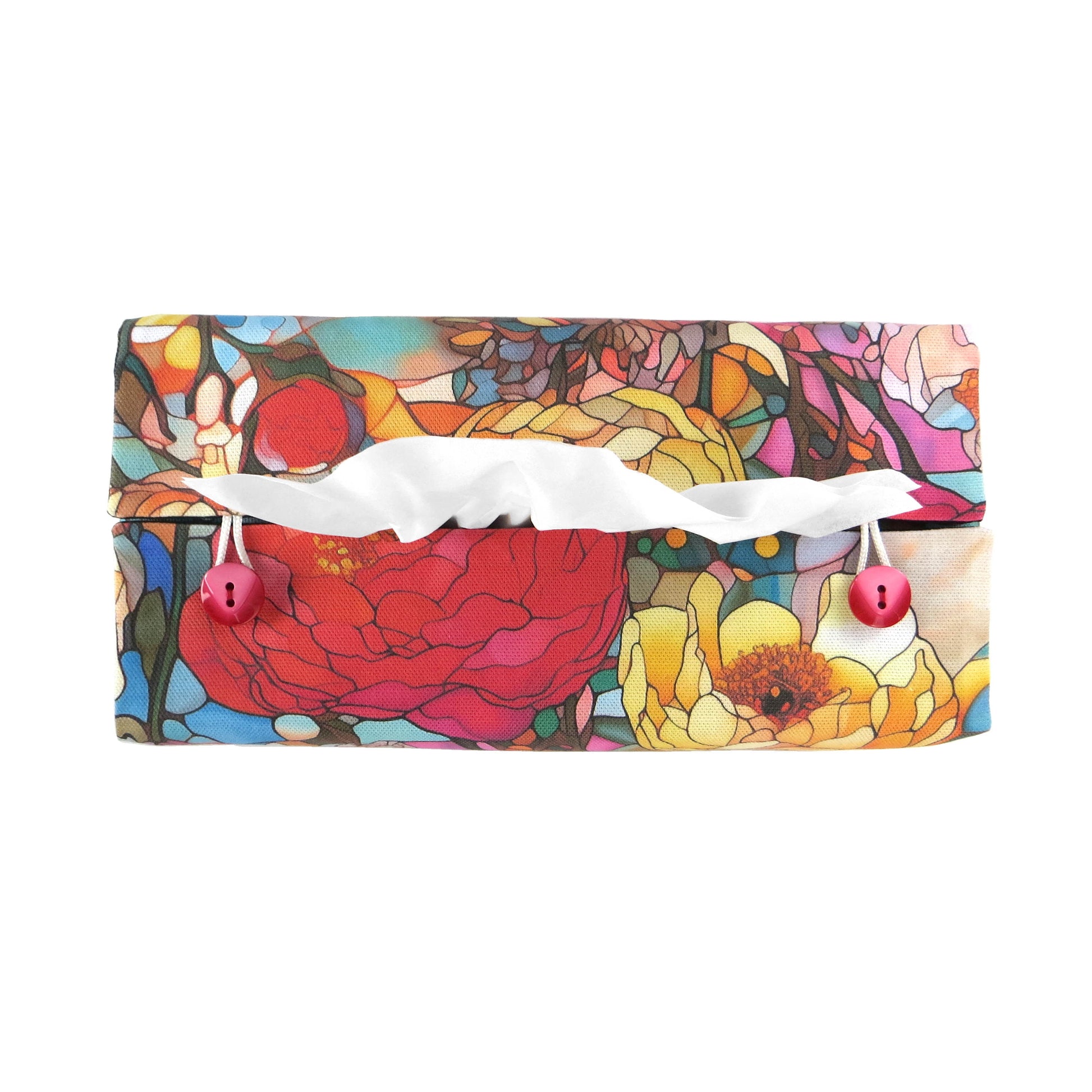 Rectangular tissue box cover with floral garden stained glass design on red toned background