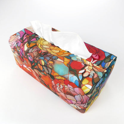 Rectangular tissue box cover with floral garden stained glass design on red toned background