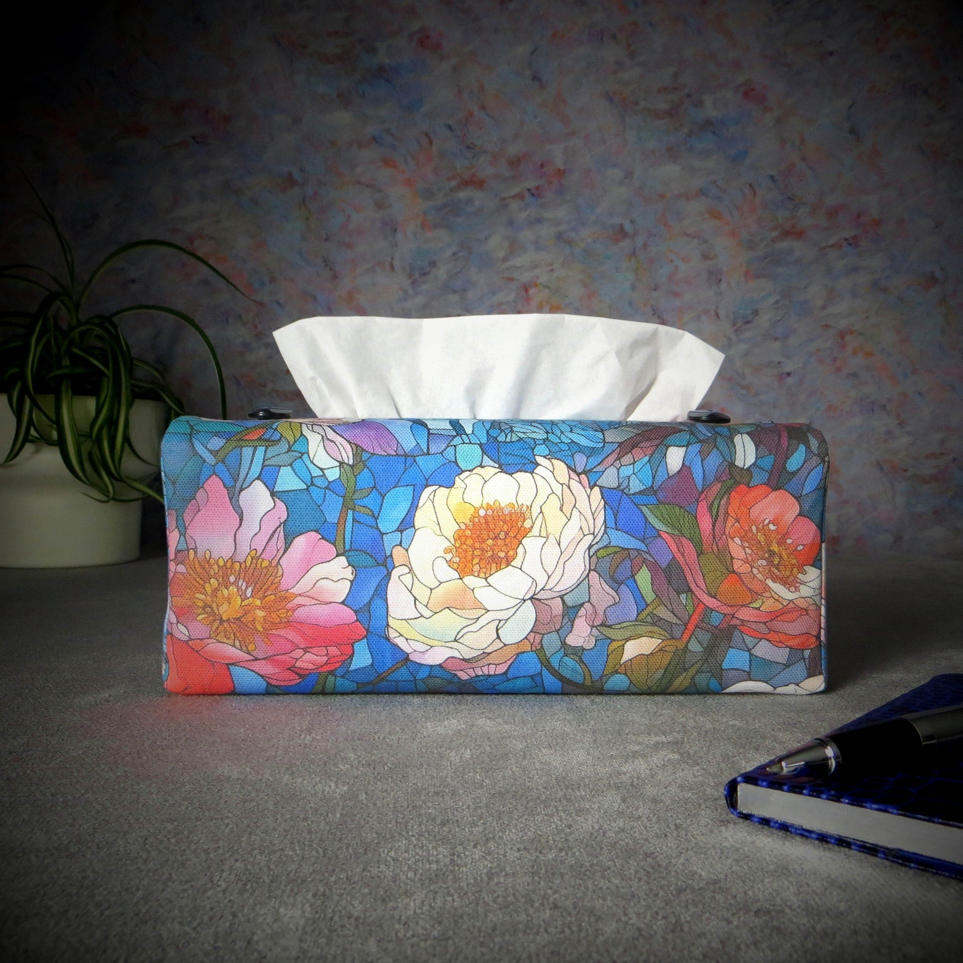 Rectangular tissue box cover with floral garden stained glass design on blue toned background