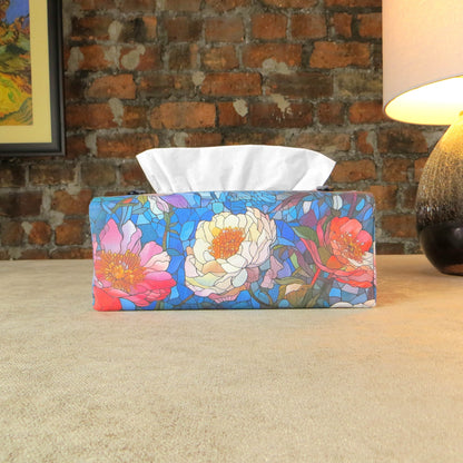 Rectangular tissue box cover with floral garden stained glass design on blue toned background