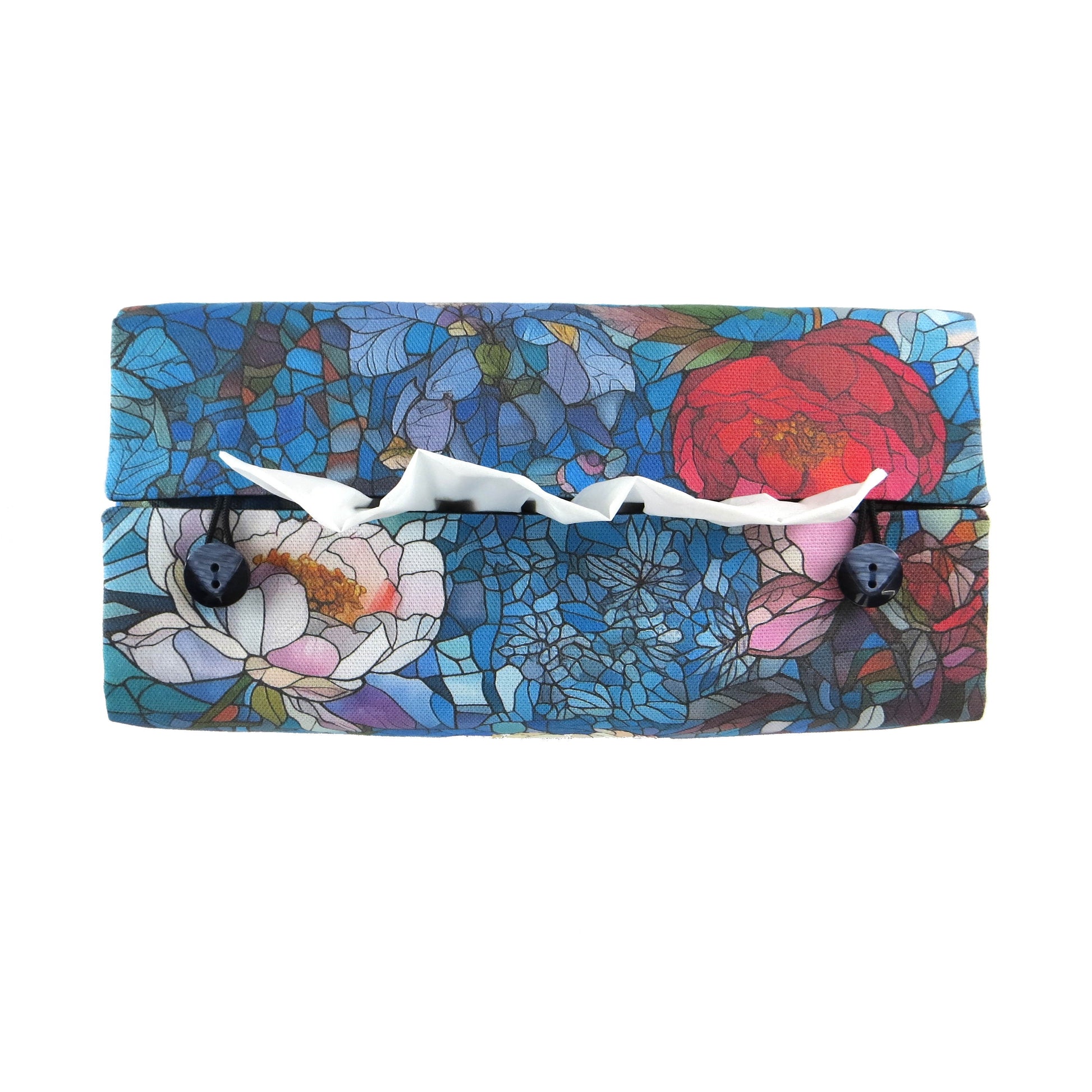 Rectangular tissue box cover with floral garden stained glass design on blue toned background