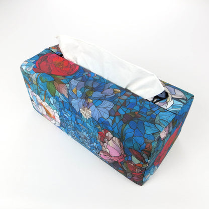 Rectangular tissue box cover with floral garden stained glass design on blue toned background