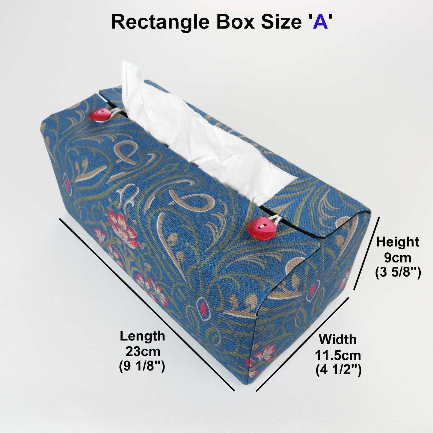 Rectangular tissue box cover with red flowers with green Victorian embellishment on blue background