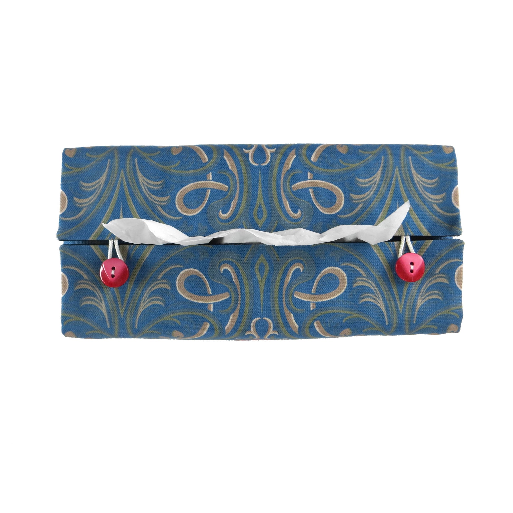 Rectangular tissue box cover with red flowers with green Victorian embellishment on blue background