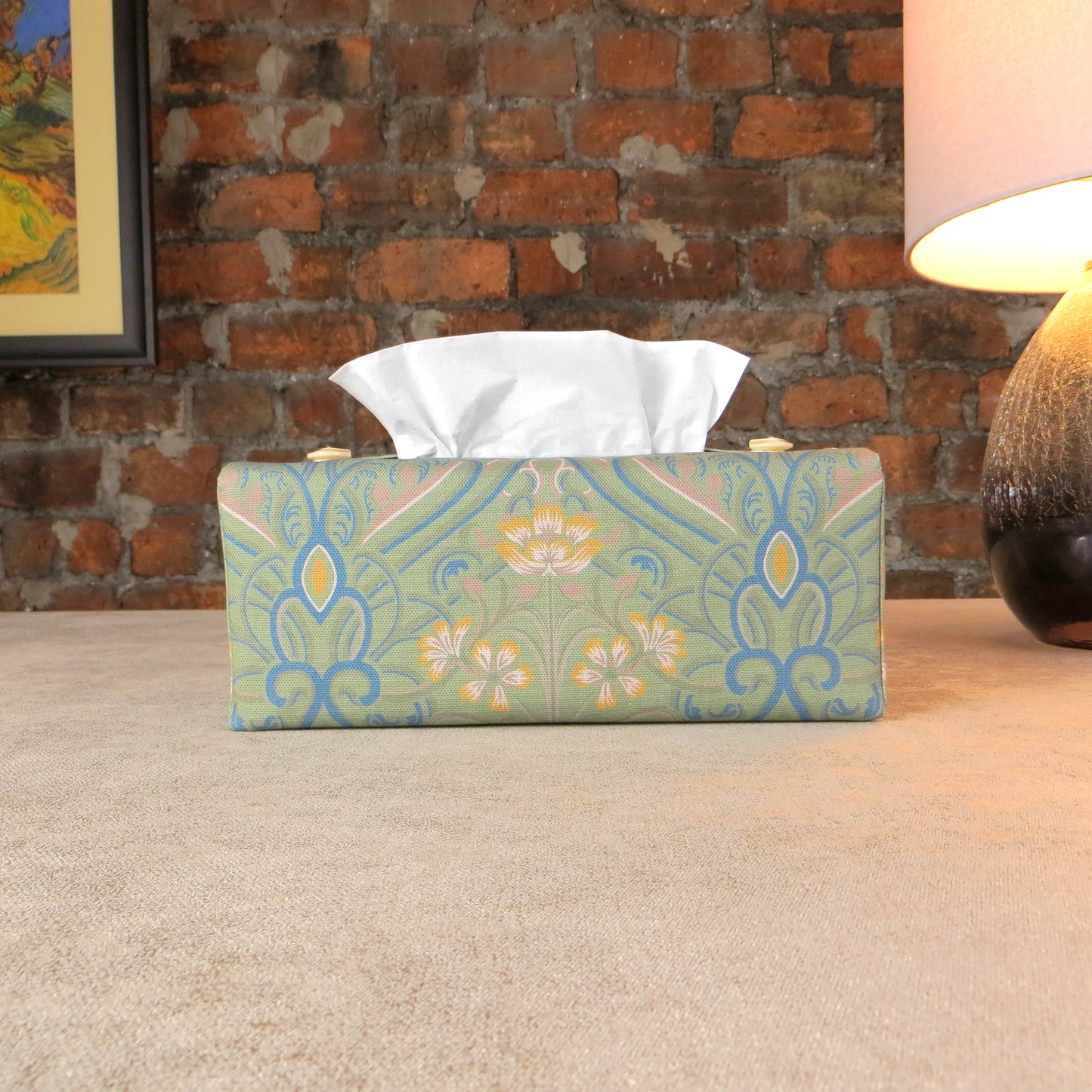 Rectangular tissue box cover with yellow flowers and blue Victorian embellishment on sage green background