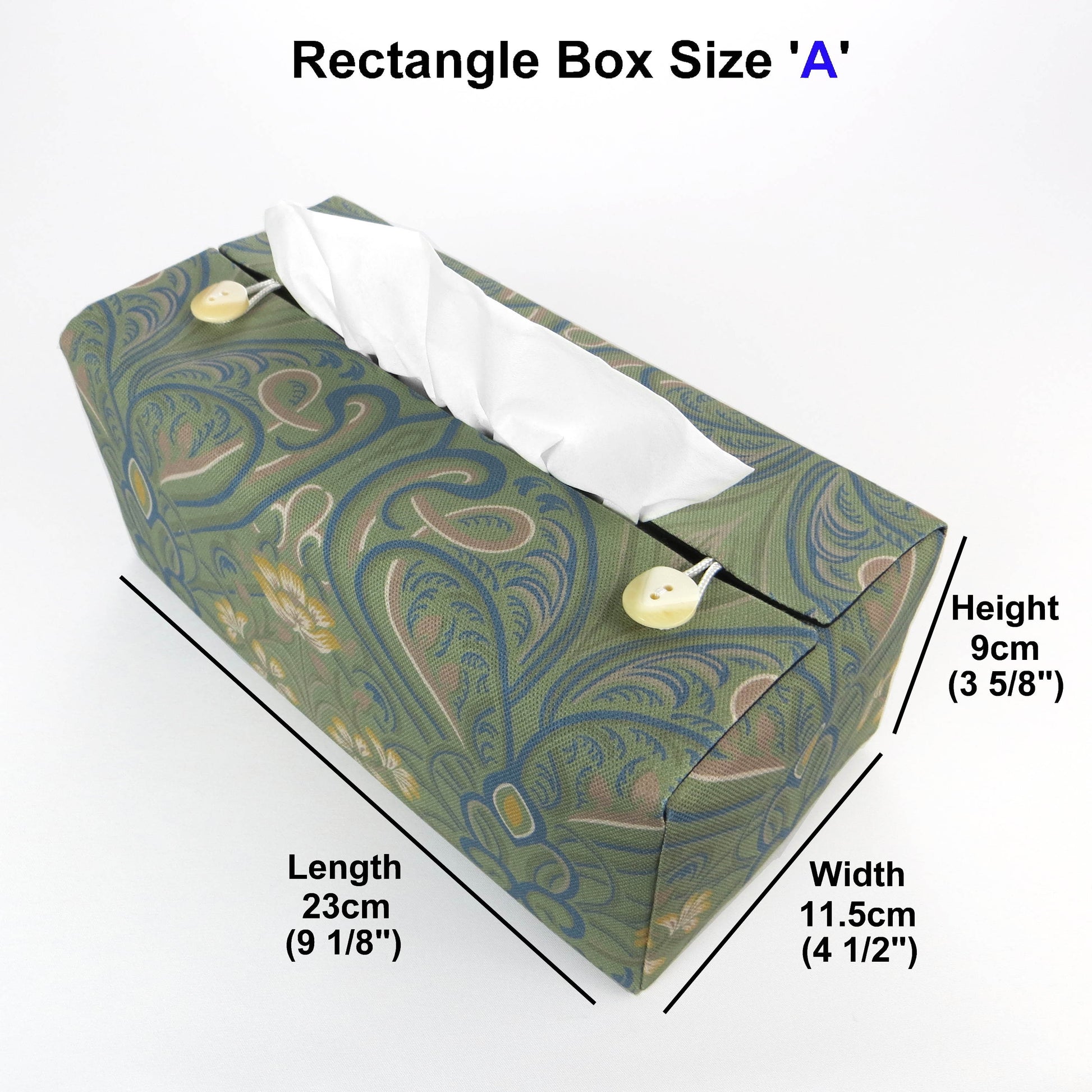 Rectangular tissue box cover with yellow flowers and blue Victorian embellishment on sage green background