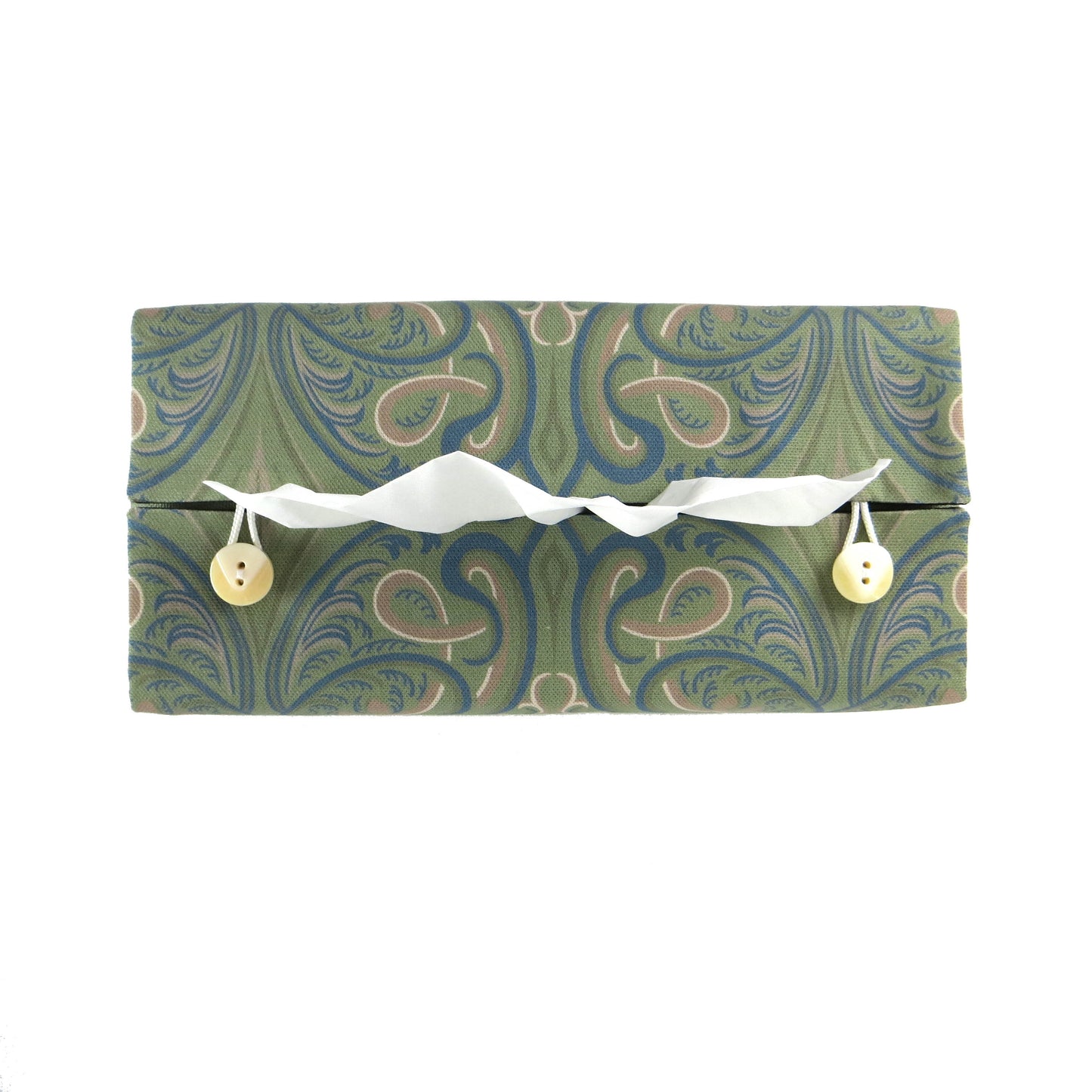 Rectangular tissue box cover with yellow flowers and blue Victorian embellishment on sage green background