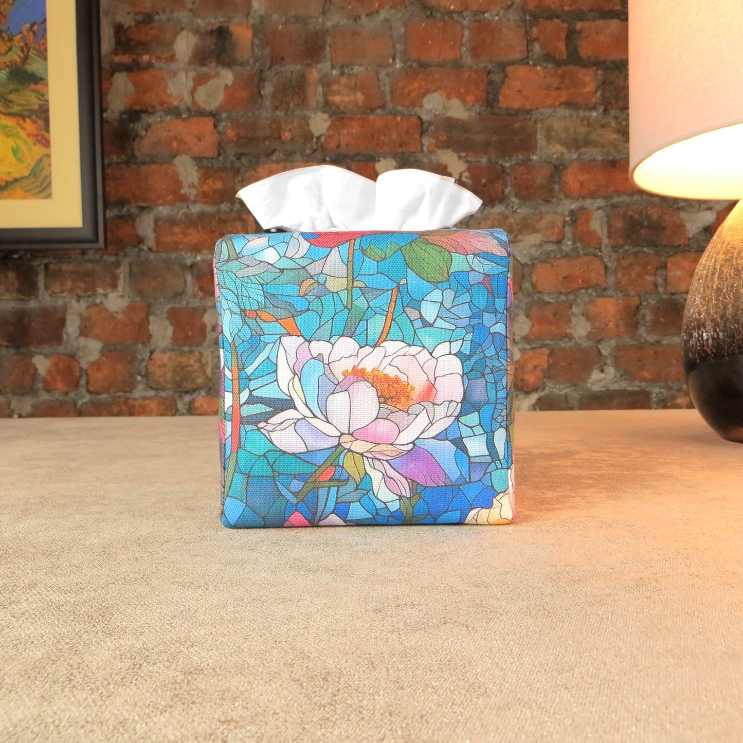 Square tissue box cover with floral garden stained glass design on blue toned background