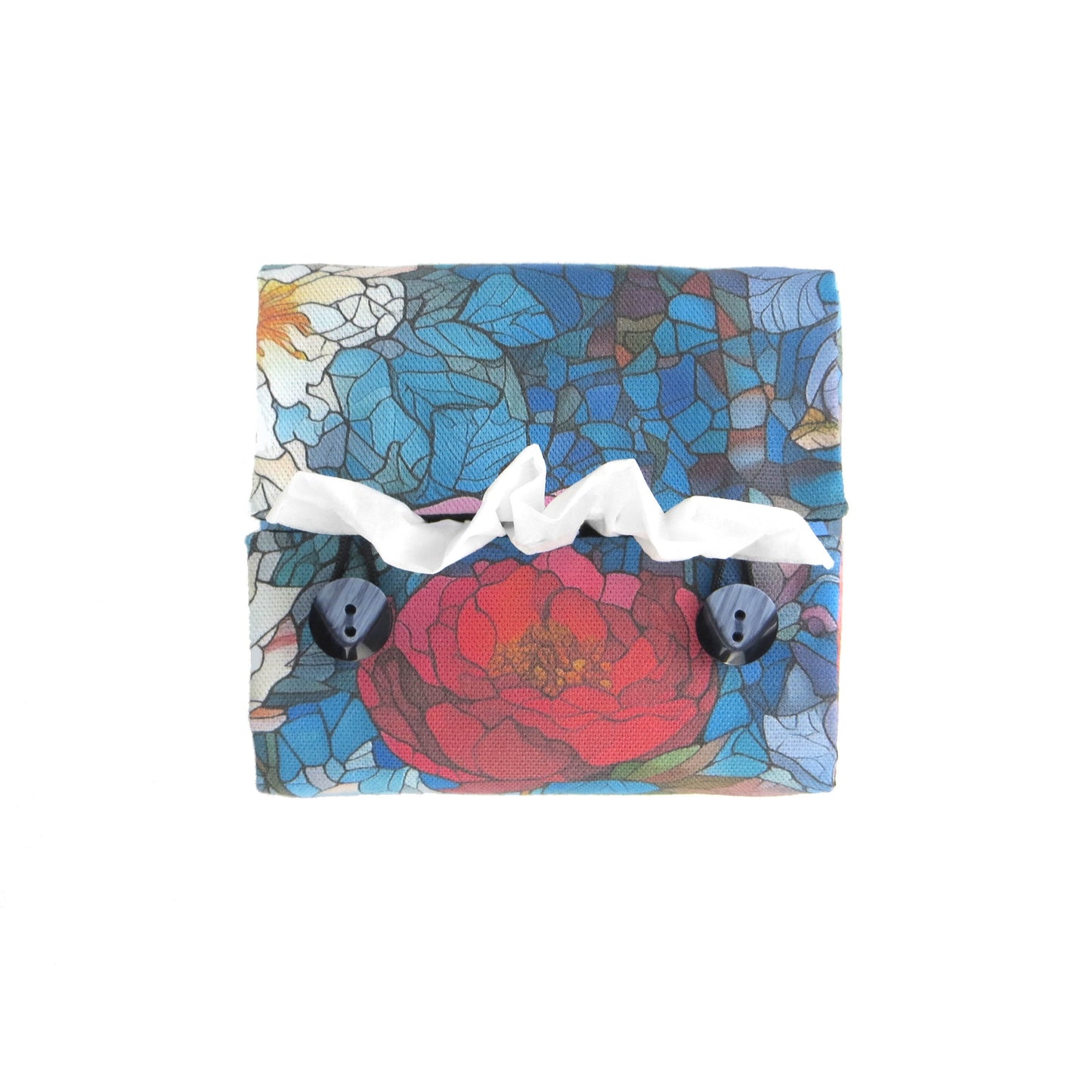 Square tissue box cover with floral garden stained glass design on blue toned background