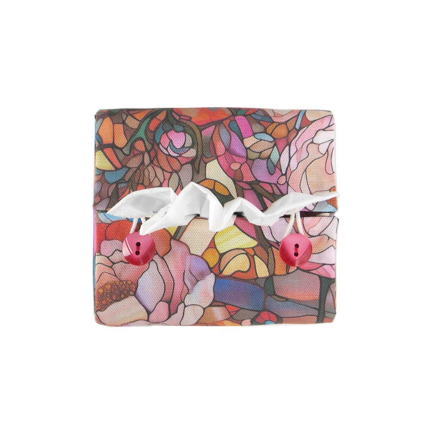 Square tissue box cover with floral garden stained glass design on red toned background