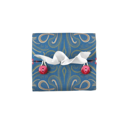 Square tissue box cover with red flowers and green Victorian embellishment on blue background