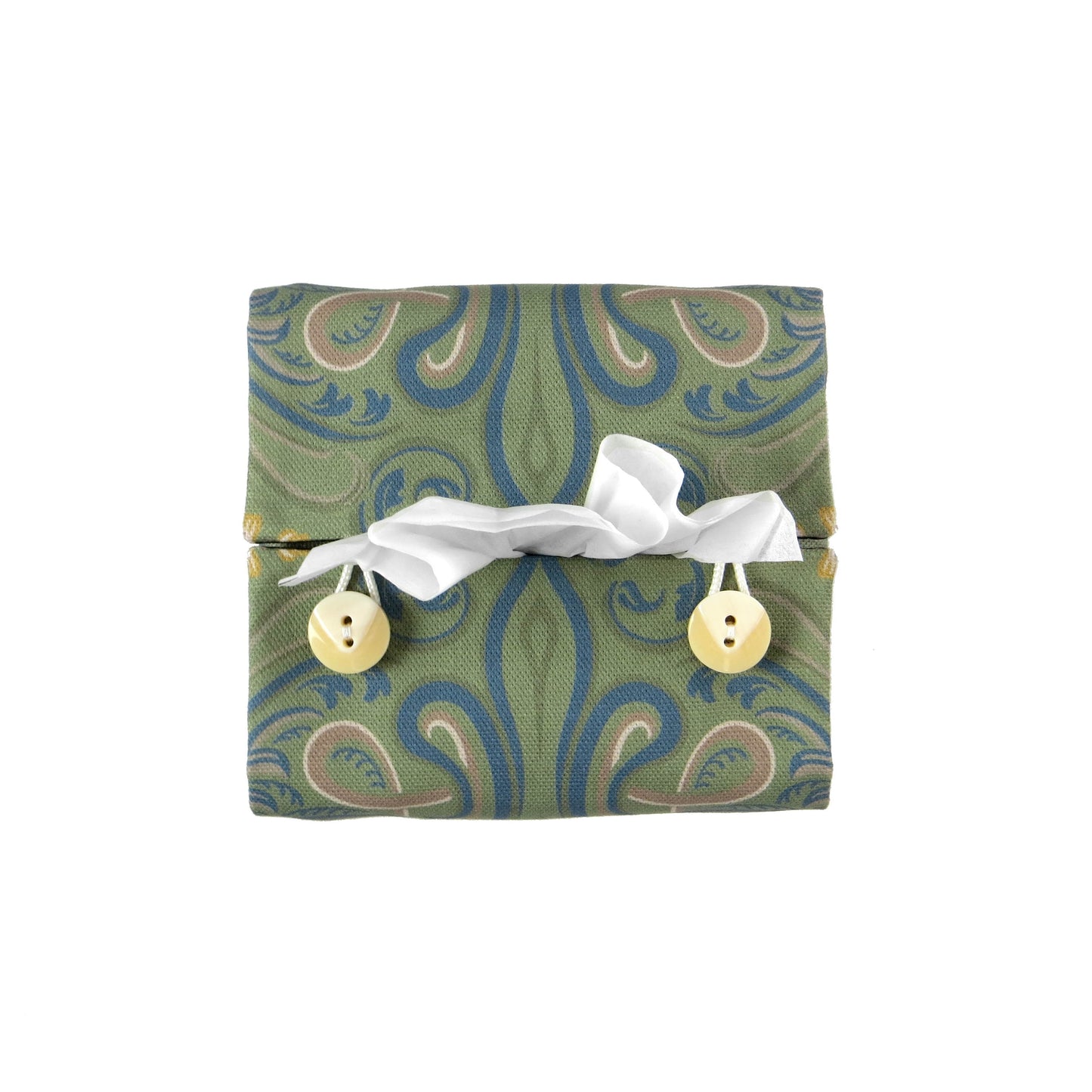 Square tissue box cover with yellow flowers and blue Victorian embellishment on sage green background