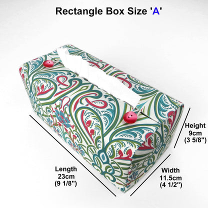 Cotton rectangle tissue box cover with blue flowers with teal and red Victorian embellishment on white background