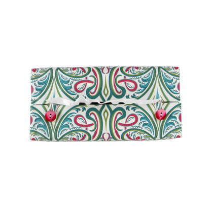 Cotton rectangle tissue box cover with blue flowers with teal and red Victorian embellishment on white background