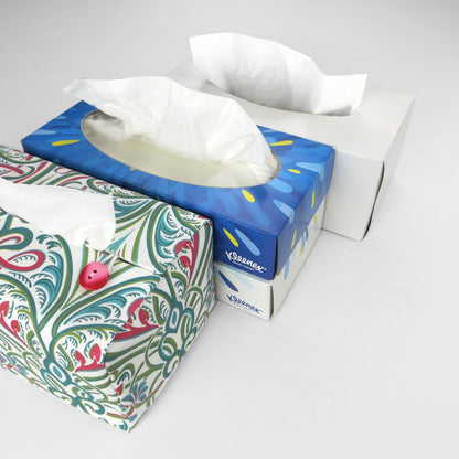 Cotton rectangle tissue box cover with blue flowers with teal and red Victorian embellishment on white background