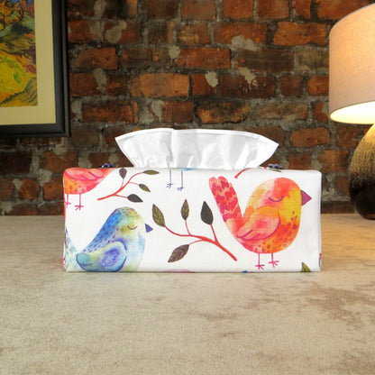 Cotton rectangle tissue box cover with watercolour style blue, purple, and orange sleeping birds on white background