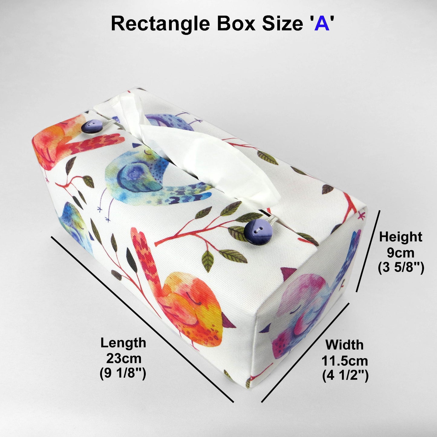 Cotton rectangle tissue box cover with watercolour style blue, purple, and orange sleeping birds on white background