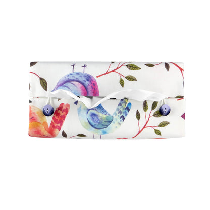 Cotton rectangle tissue box cover with watercolour style blue, purple, and orange sleeping birds on white background