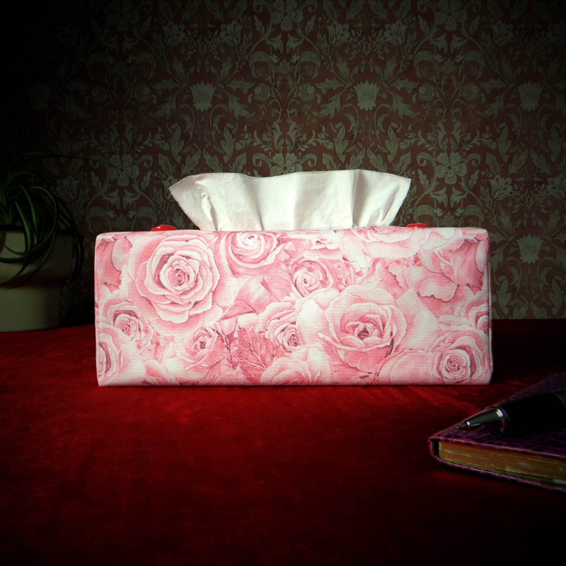 Cotton rectangle tissue box cover with pink roses with white accent