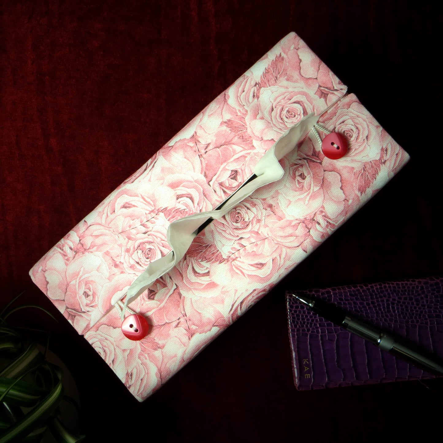 Cotton rectangle tissue box cover with pink roses with white accent