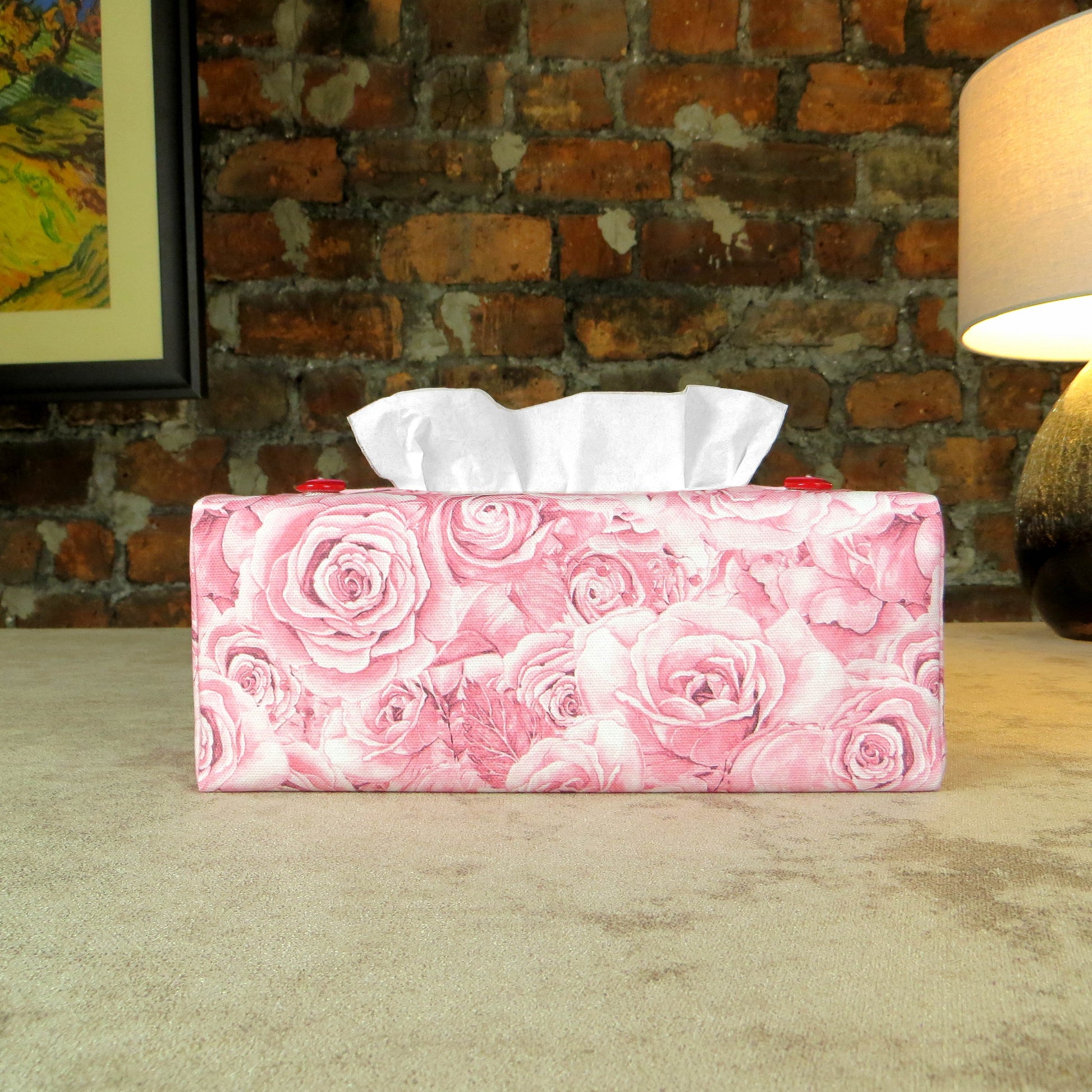 Cotton rectangle tissue box cover with pink roses with white accent