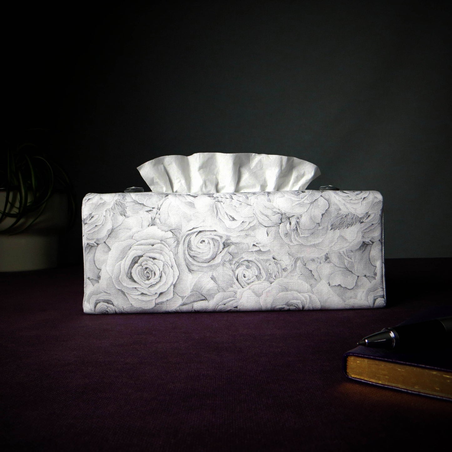 Cotton rectangle tissue box cover with light grey roses and white accent