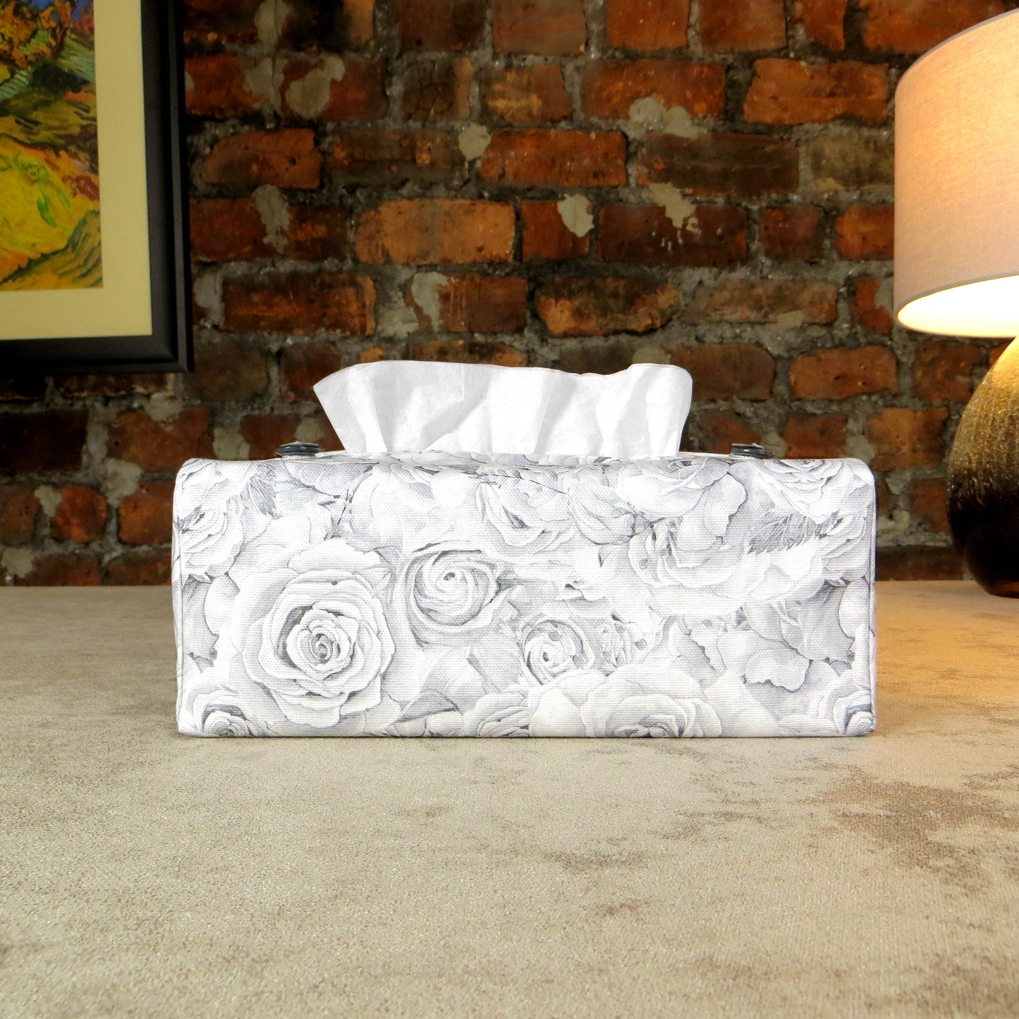 Cotton rectangle tissue box cover with light grey roses and white accent