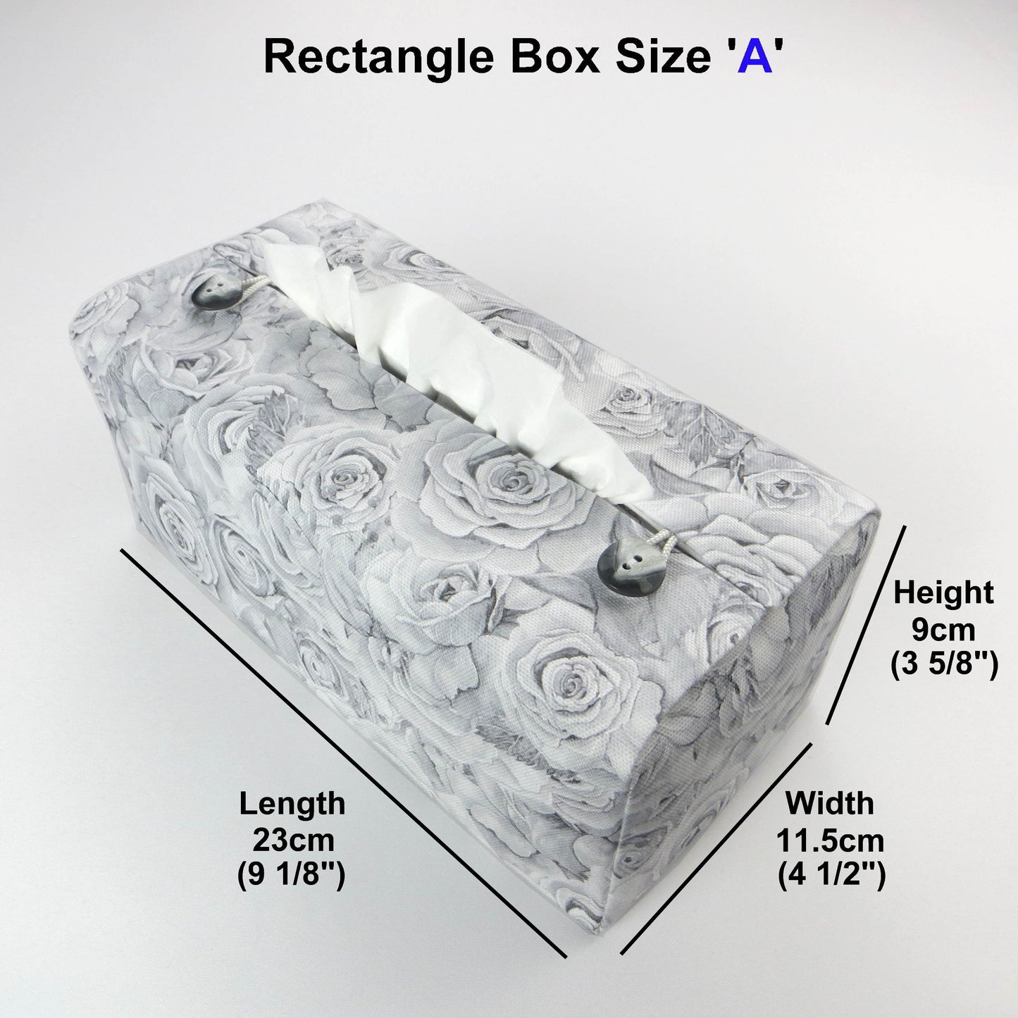 Cotton rectangle tissue box cover with light grey roses and white accent