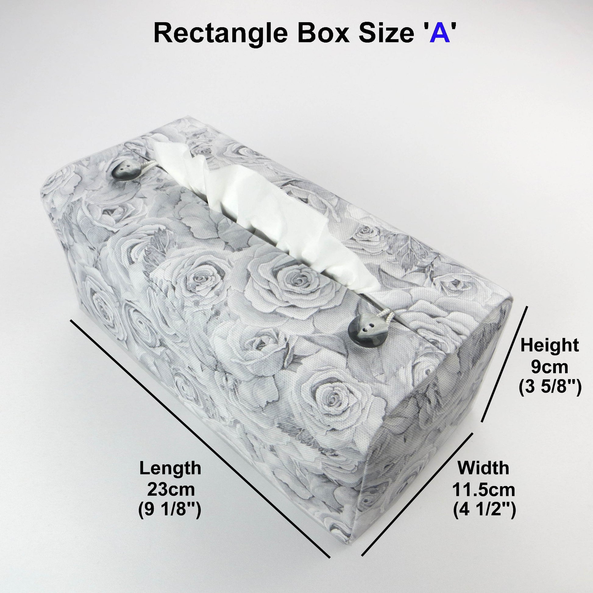 Cotton rectangle tissue box cover with light grey roses and white accent